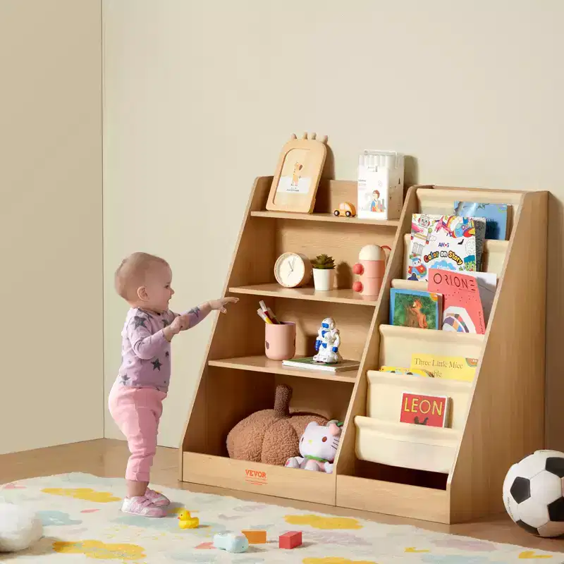 4-Tier Kids Wooden Bookshelf - Six-Layer Sling Bookcase, Toy & Book Organizer for Kids Room