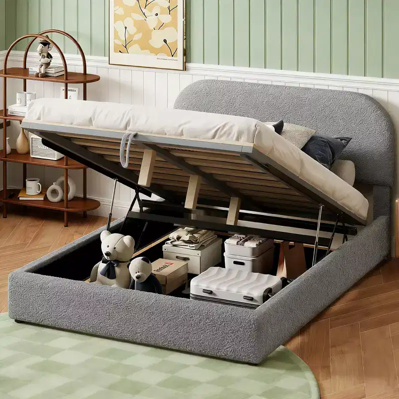 Luxystar Modern Full Size Teddy Fleece Upholstered Platform Bed with Hydraulic Storage System
