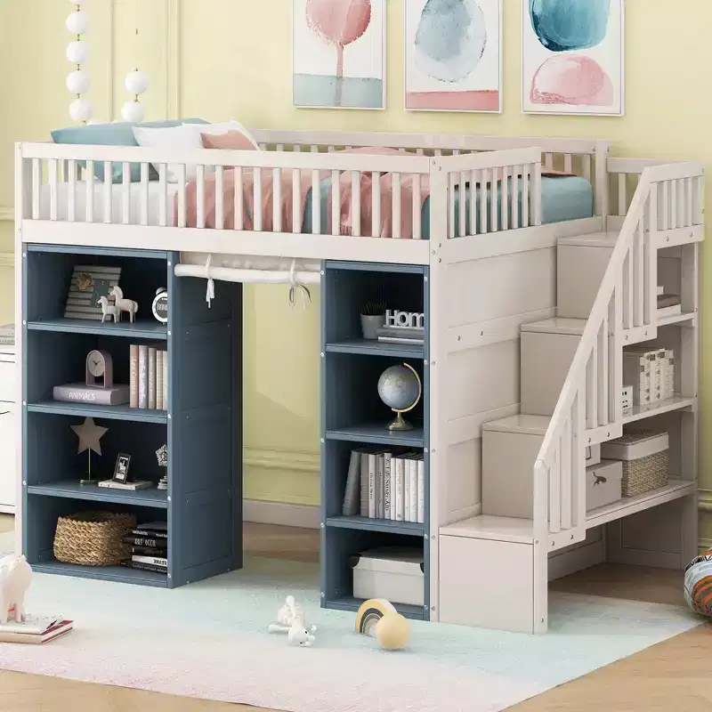 Full Size Loft Bed with 2 Four-Layer Racks and Storage Staircase, Wooden Bed Frame with Curtain and Storage Cabinets, White