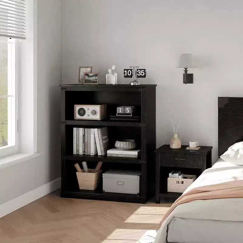 Farmhouse 3-Tier Bookcase: Low Wooden Shelf with Open Storage for Living Room, Home Office, or Bedroom Display & Organization.