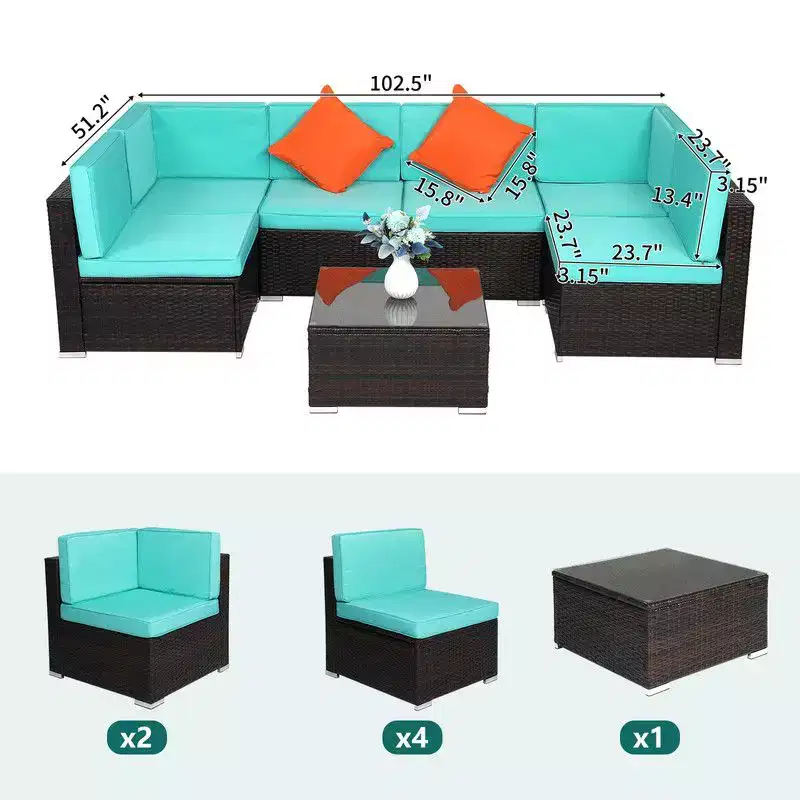 Karl Home Brown 7-Piece Wicker Sectional Set with Lake Blue Cushions