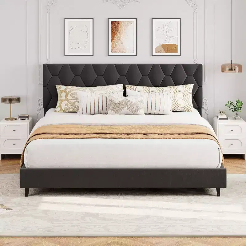 King Size Bed Frame with Upholstered Headboard and Wooden Slats Support, Upholstered Mattress Foundation/No Box Spring Needed/Easy Assembly, Grey