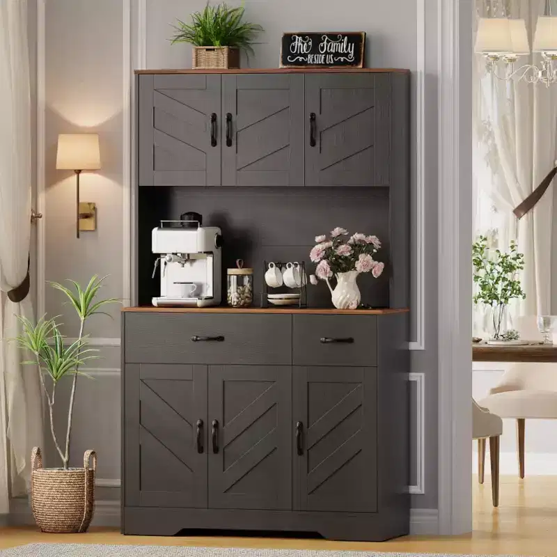 71 Kitchen Pantry Cabinet with Charging Station, Large Countertop, Microwave Stand & 2 Drawers,Hutch Storage for Dining & Living Room