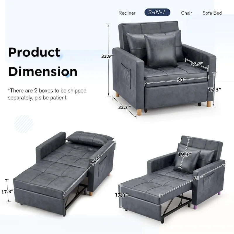Adjustable Sleeper Chair Bed, 3-in-1 Convertible, Multiple Colors, Fits 1 Person