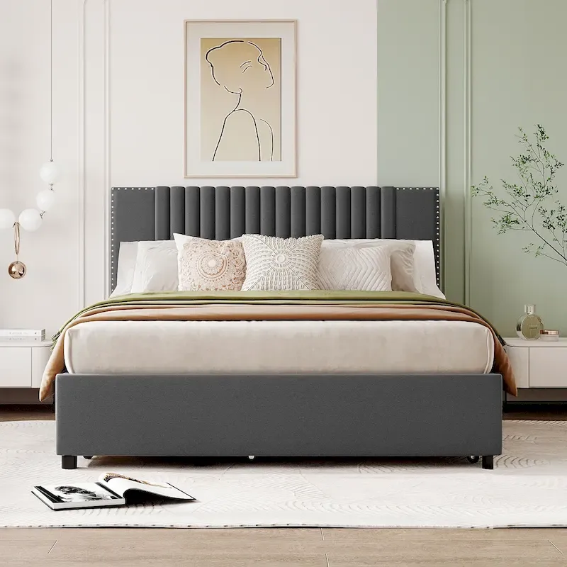 Linen Platform Bed – Gray / Beige, Foam Headboard, 2 Drawers & Trundle, Full / Queen, Sleeps 1