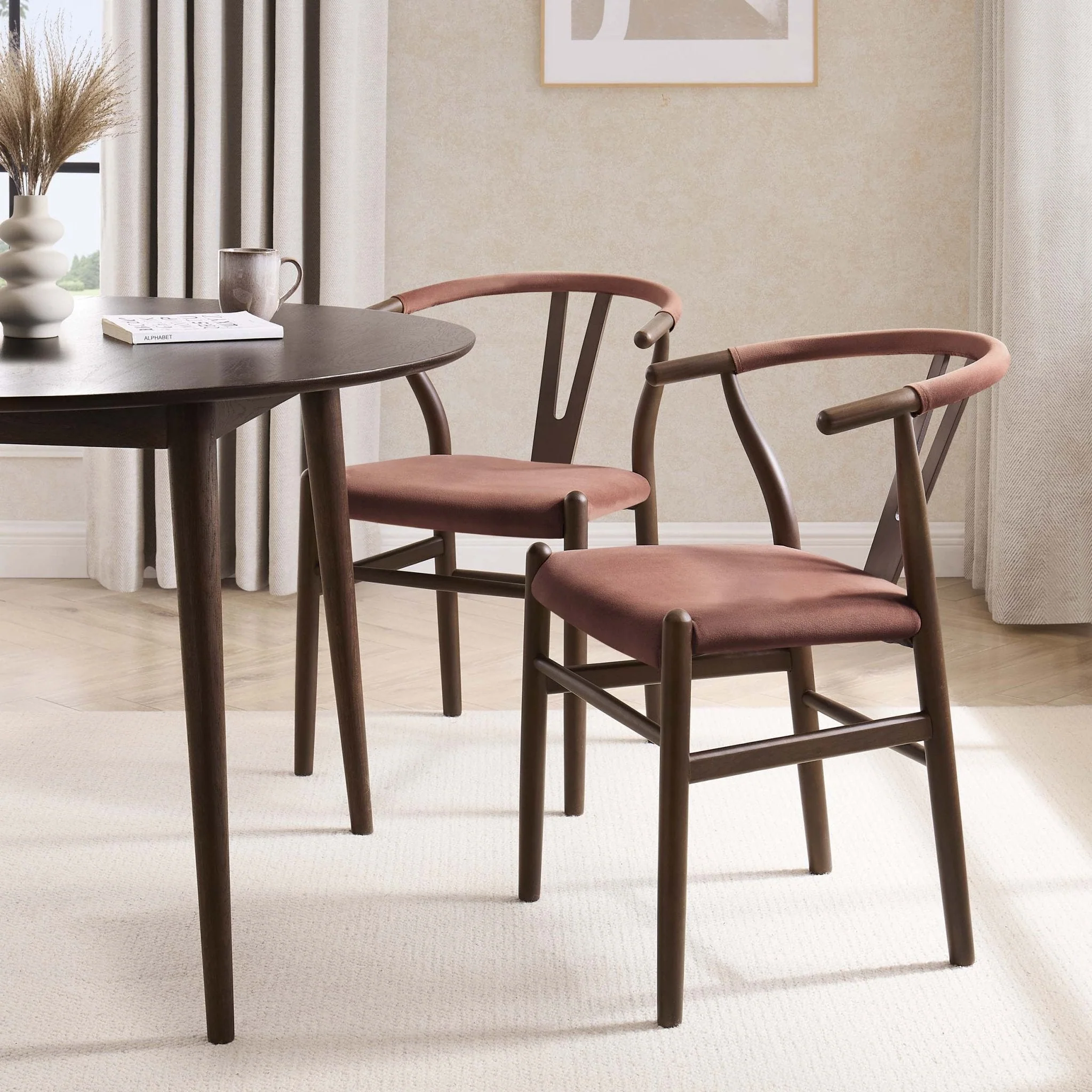 Romantic Mauve Fabric Dining Chair with Natural Wood Frame for Dining Room