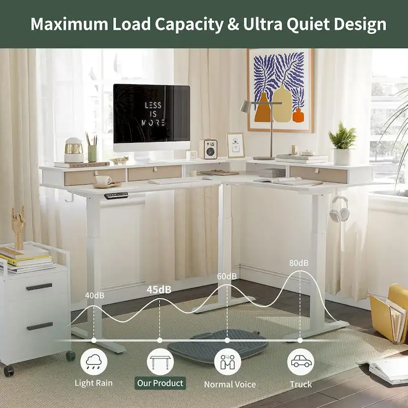 L-Shaped Electric Standing Desk with 3 Drawers & Lockable Casters, 63
