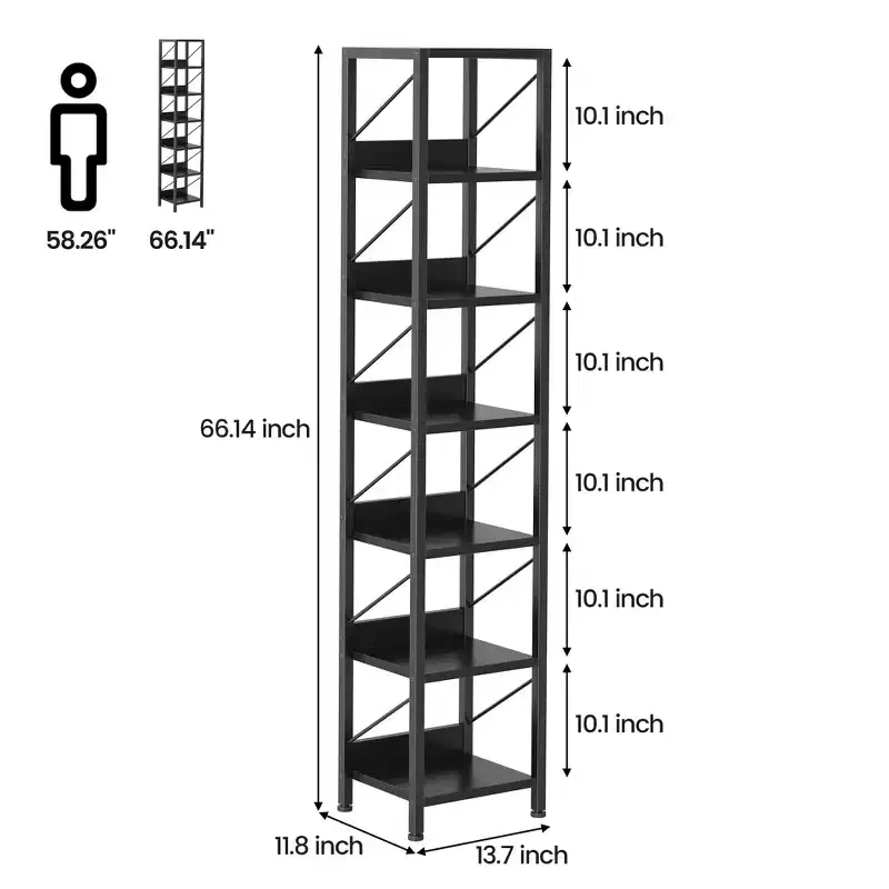 6-Tier Narrow Bookcase with Edge Protection, Wood and Iron Frame
