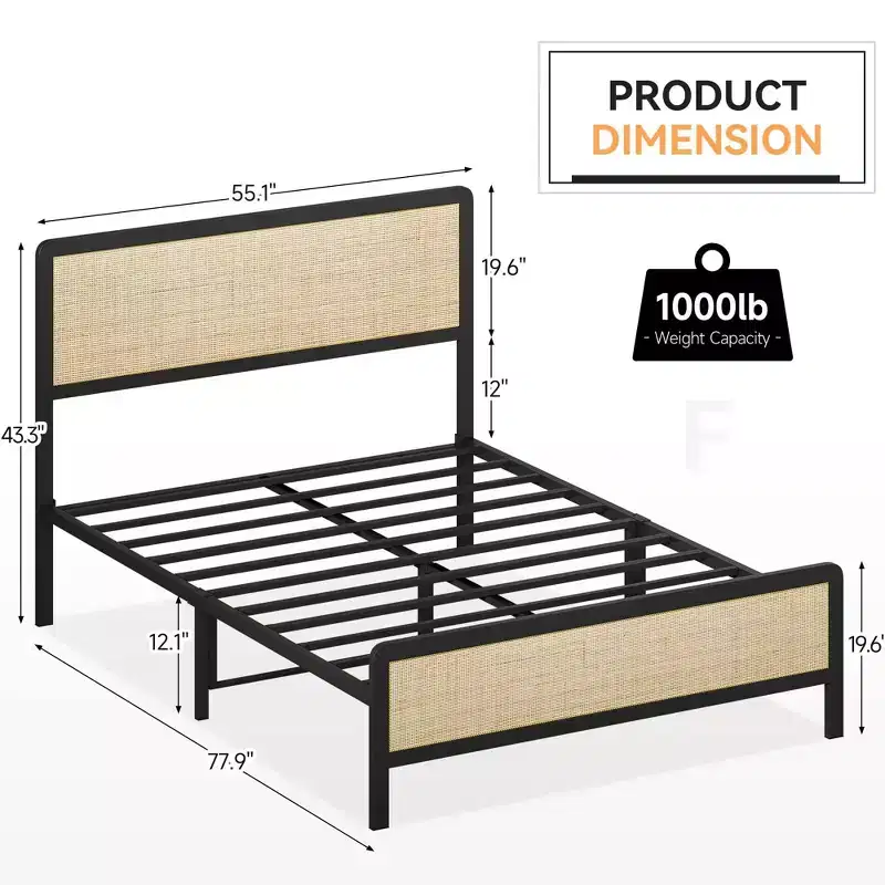 Platform Bed Frame with Rattan Headboard & Footboard,Boho, Heavy Duty Metal Slat Support, No Box Spring Needed, 1000LB Capacity