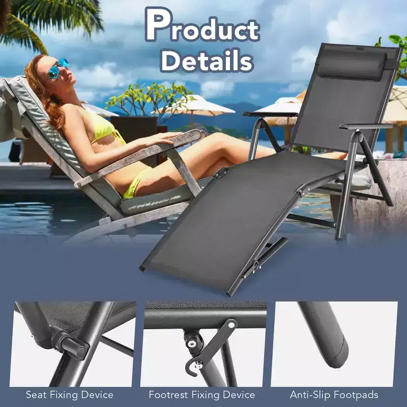 Costway Patio Chaise Lounge Chair Recliner Aluminum Adjustable Headrest Pillow
