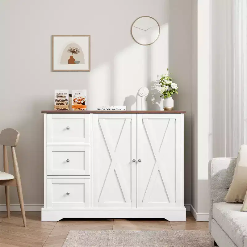 42 Farmhouse Buffet Cabinet with Storage, Coffee Bar Cabinet with 3 Drawers, Sideboard for Kitchen Dining Living Room, White