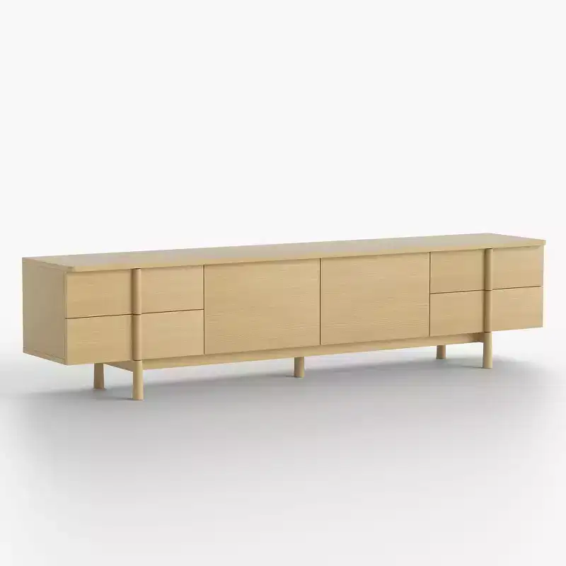 Modern Style 86.8 - Inch TV Stand with Solid Wood Handles & Feet, Soft - Close Hinges + Cable Management Holes Natural Color