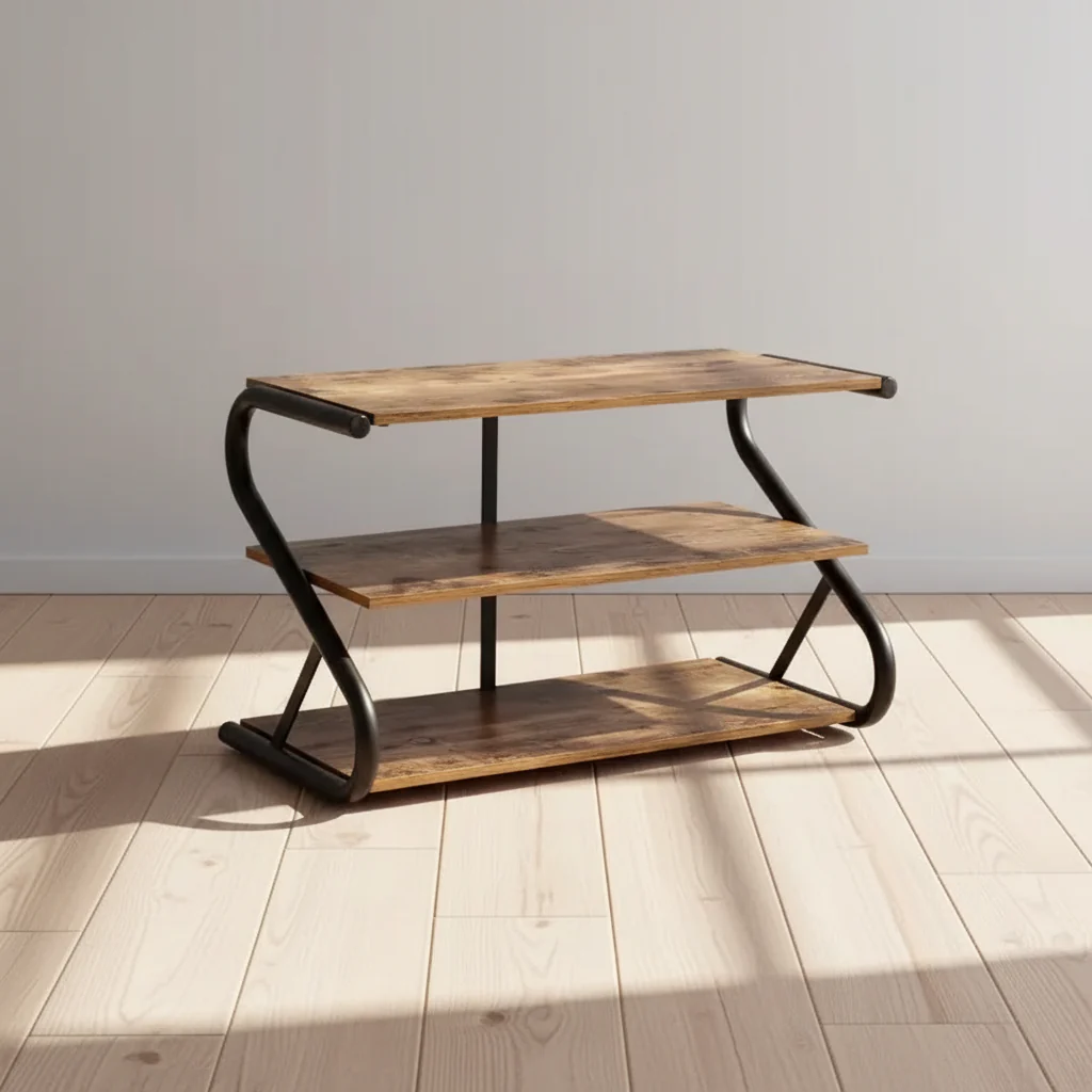 3 Shelves Z-Frame Wooden Shoe Rack With Matte Black Metal: Small Shoe Storage For Closet, Holds 9 Pairs