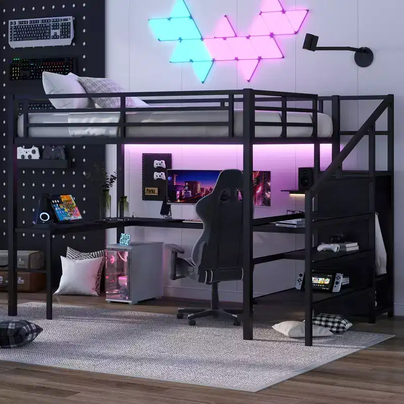 Queen Loft Bed with L-Shaped Desk, Wardrobe, USB Port & LED, Metal Loft Bed with Storage Stairs & Adjustable Shelf, Black