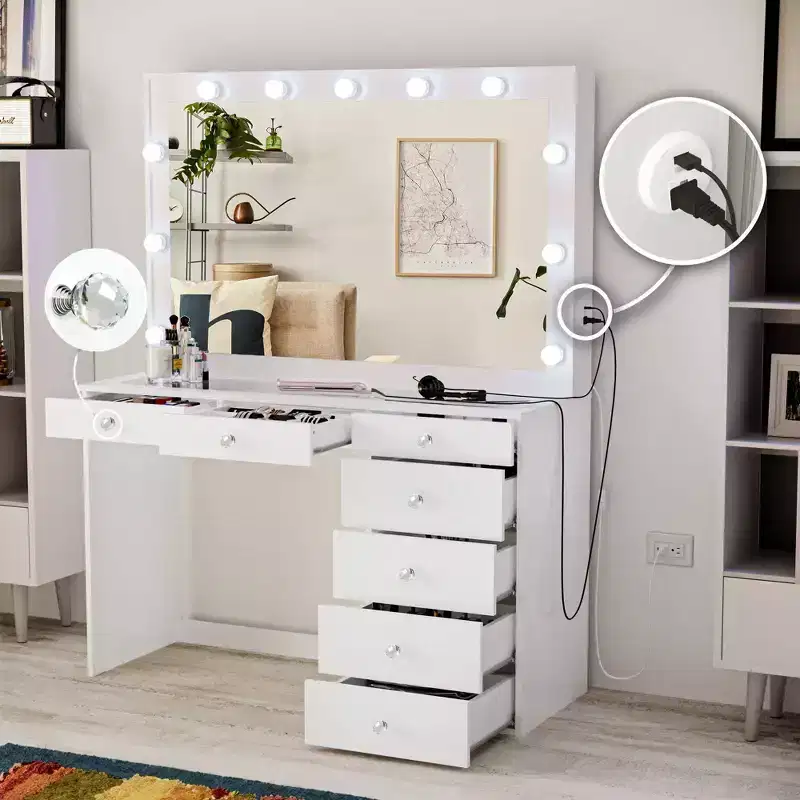 Lighted Makeup Vanity with 7 Drawers, Power Outlets and USB Ports
