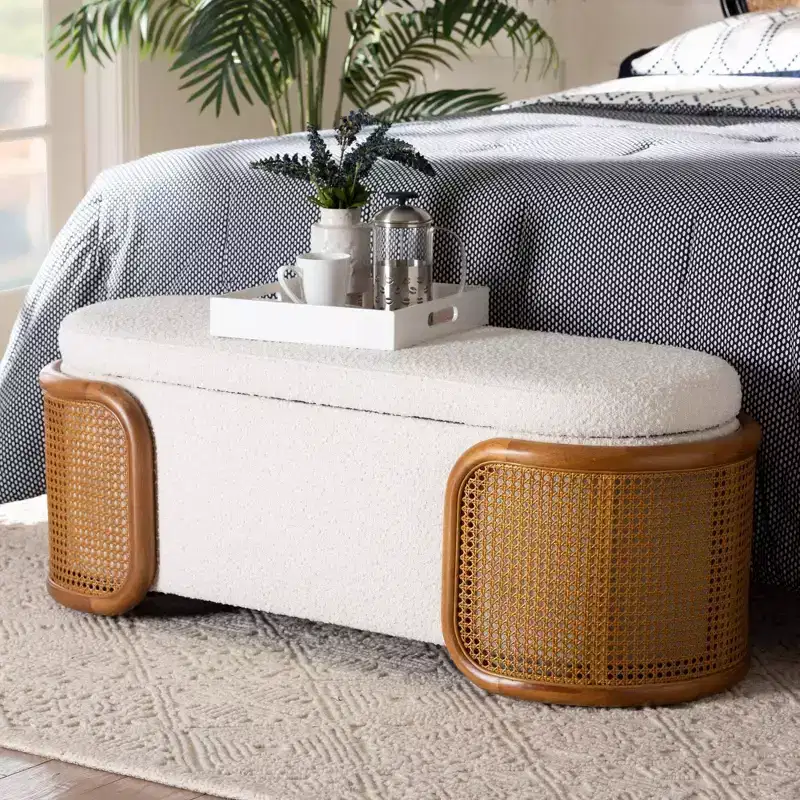 Baxton Studio Basira Boucle Fabric Storage Bench: Lift-Top, Oval, Japandi Style