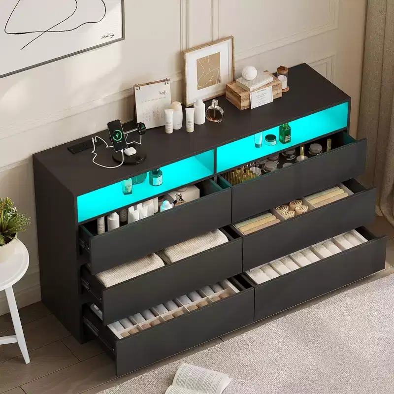 Dyonery Modern 6-Drawer Dressing Table with Sliding Top, Featuring Drawers, Organizer for Bedroom, Closet, and Living Room