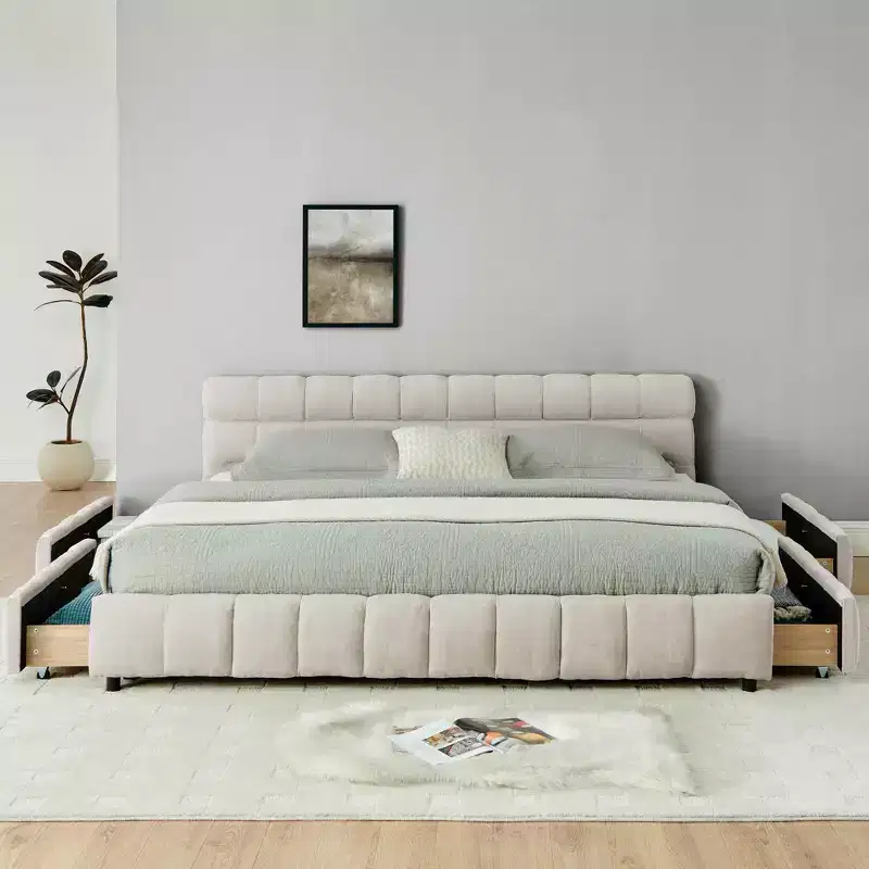 MAYEERTY King Size Upholstered Bed with Headboard Solid Bed Frame Drawer for Bedroom Beige