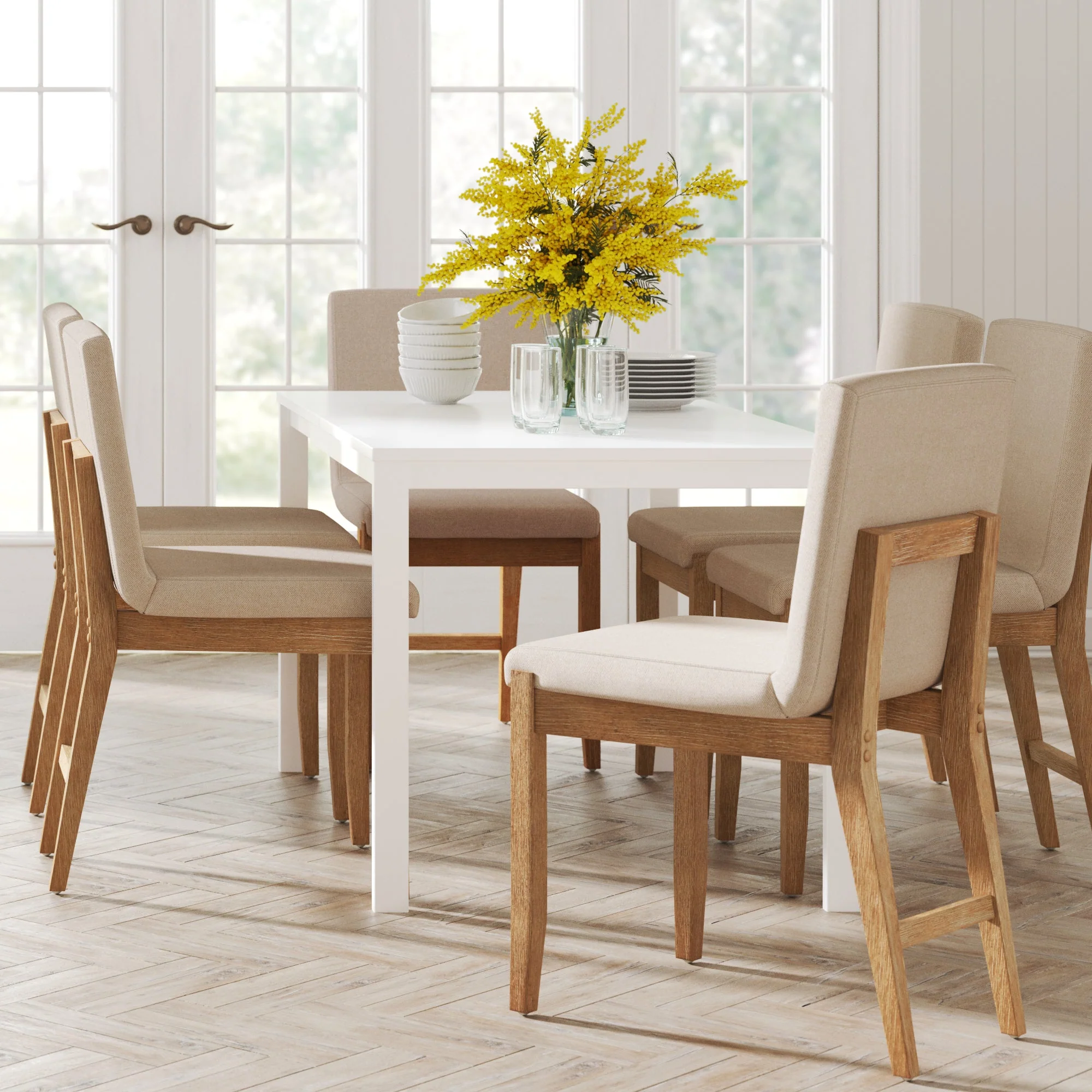 Wood Upholstered Dining Chairs Brushed Light Brown Flax