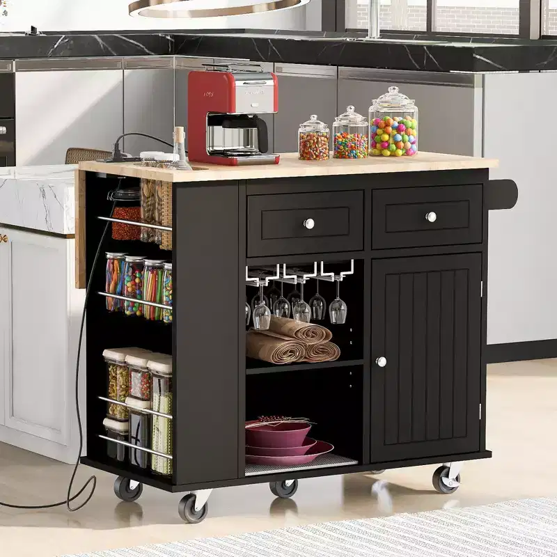 Kitchen Island with Power Outlet Drop Leaf and Rubber Wood Wine Rack, 5 Wheels, Adjustable Storage for Home Dining Room, Black