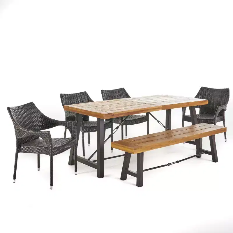 Montgomery 6pc Acacia & Wicker Dining Set - Teak/Brown - Christopher Knight Home: Outdoor Seating, Galvanized Steel Hardware