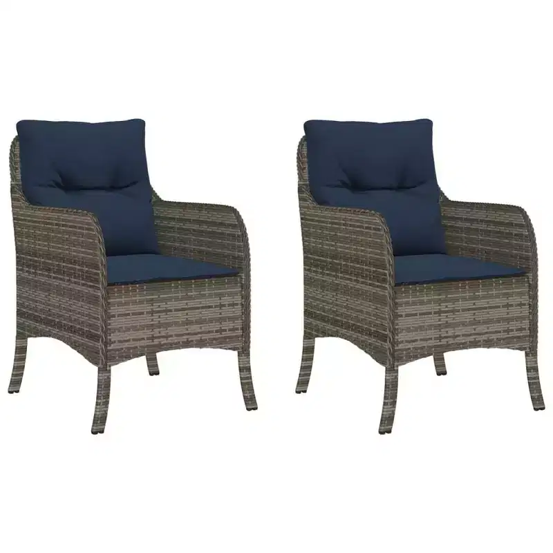 vidaXL 2 pcs Gray Poly Rattan Patio Chairs - Navy Blue Cushions, Weather-Resistant, Garden/Outdoor Seating, Washable Covers, 23x26.4x33.9