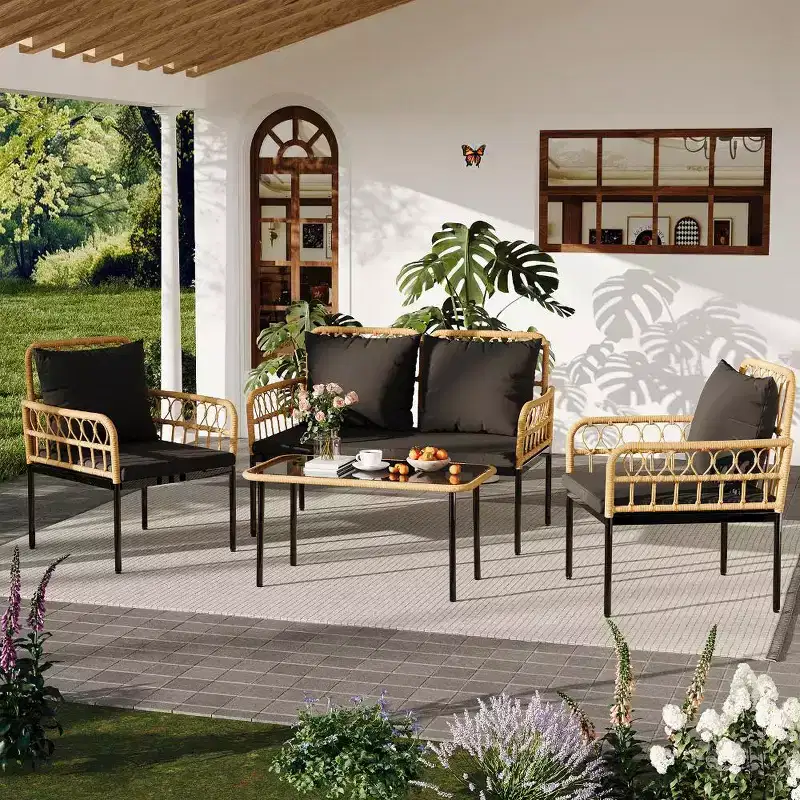 4 Piece Patio Conversation Sets, Wicker Outdoor Furniture Sets, 1 Loveseat & 2 Chairs & 1 Table, Boho Conversation Set for Patio, Black