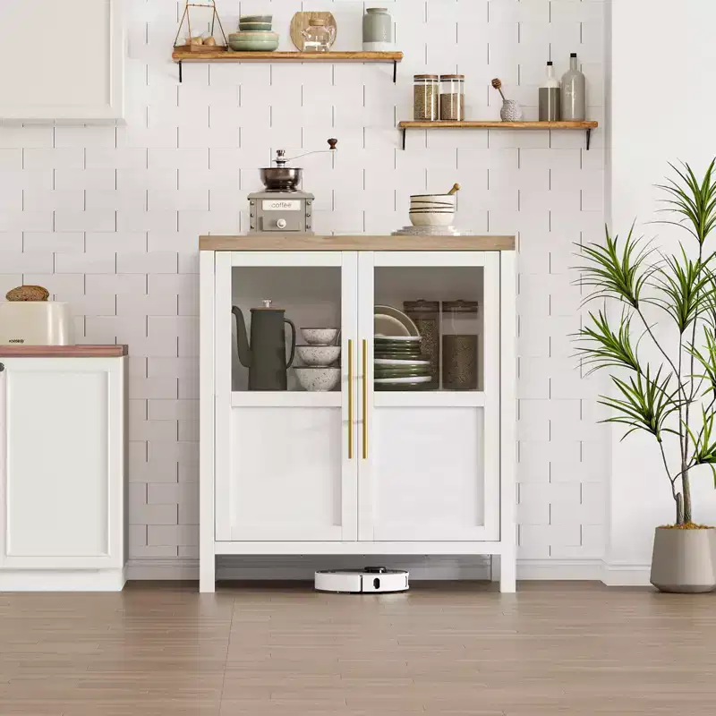 Sideboard Buffet Cabinet with 2 Glass Doors - 29 Inch Large Storage Cabinet, Modern Farmhouse Style, Suitable for Kitchen Dining Room and Living Room