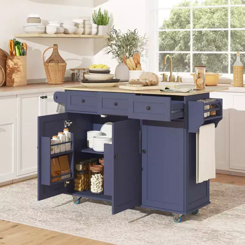 Rolling Kitchen Island with Charging Station, Drop Leaf & 3 Drawers