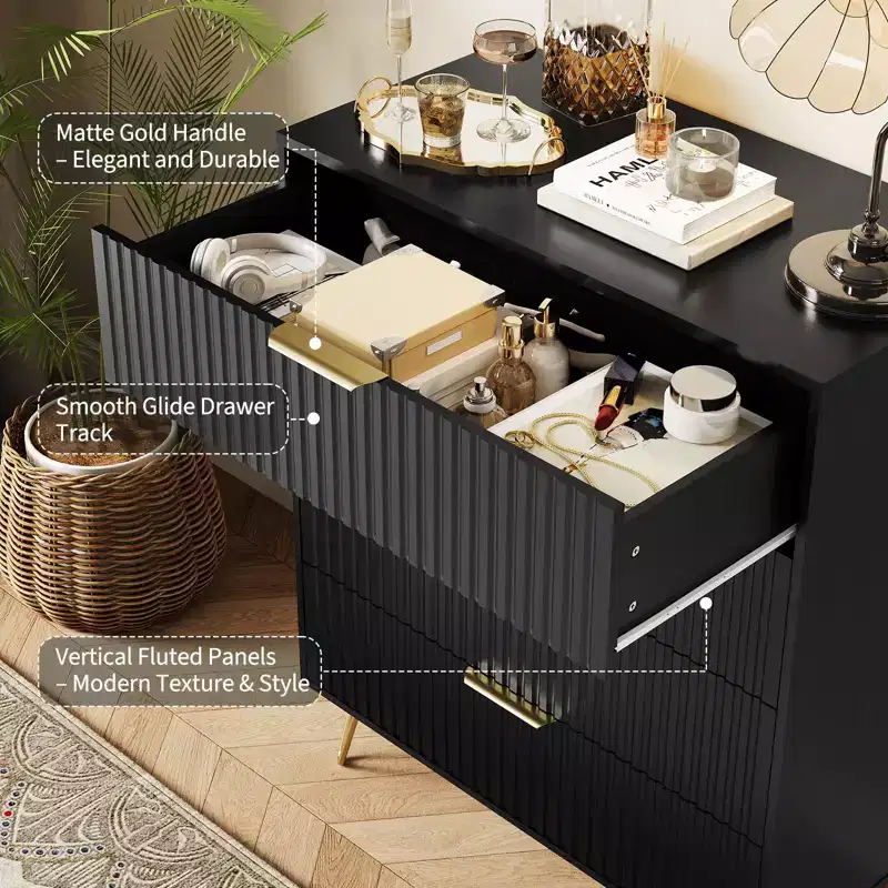 Dresser, 32 Wide Modern Fluted Chest of Drawers with Metal Handles, 4-Drawer Clothes Storage Organizer