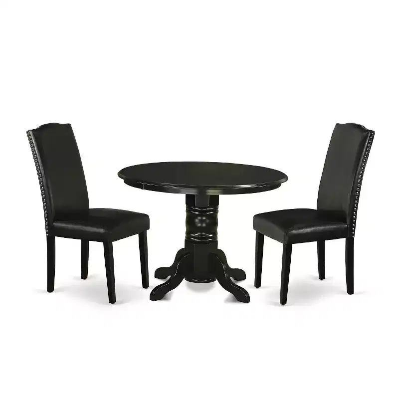 Dinette Set 3Pc Round Table & 2 Parsons Chairs - Black PU Leather - 42 Table