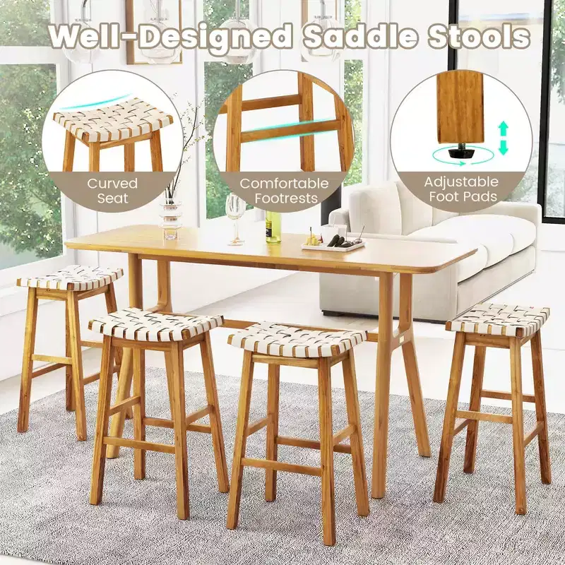 Costway Woven Saddle Stools Set of 2 31'' Faux PU Leather Bar Height Kitchen Stool Black/Beige