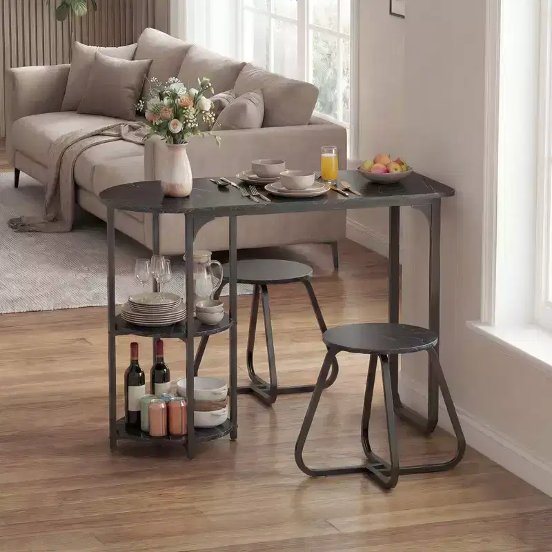 Costway 3 PCS Dining Table Set, Wooden Metal Kitchen Table & 2 Stools with Storage Shelves Rustic Brown+Black/White+Golden