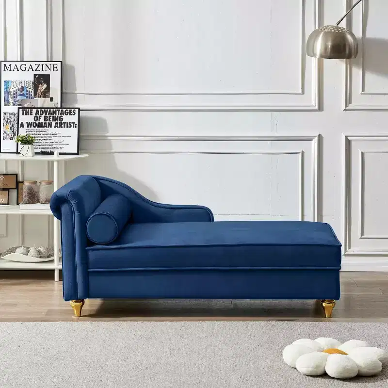 MAYEERTY Velvet Chaise Lounge Sofa with Gold Metal Legs Round Pillow for Living Room Blue