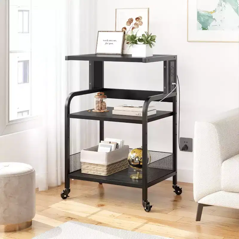Mobile Printer Stand with Power Outlets & USB Ports, Adjustable 3-Tier Rolling Cart, Rustic Black