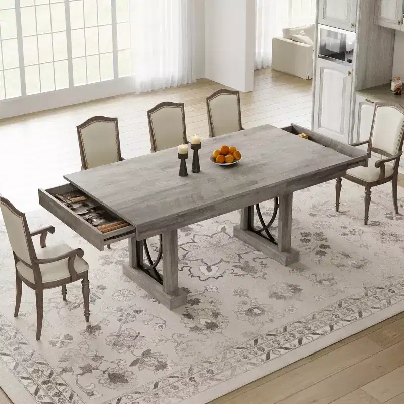 Modern Rectangular Wood Dining Table with Sturdy Double Pedestal Base, Thick Tabletop for Dining Room and Restaurant, Durable Wood Finish( No chairs)