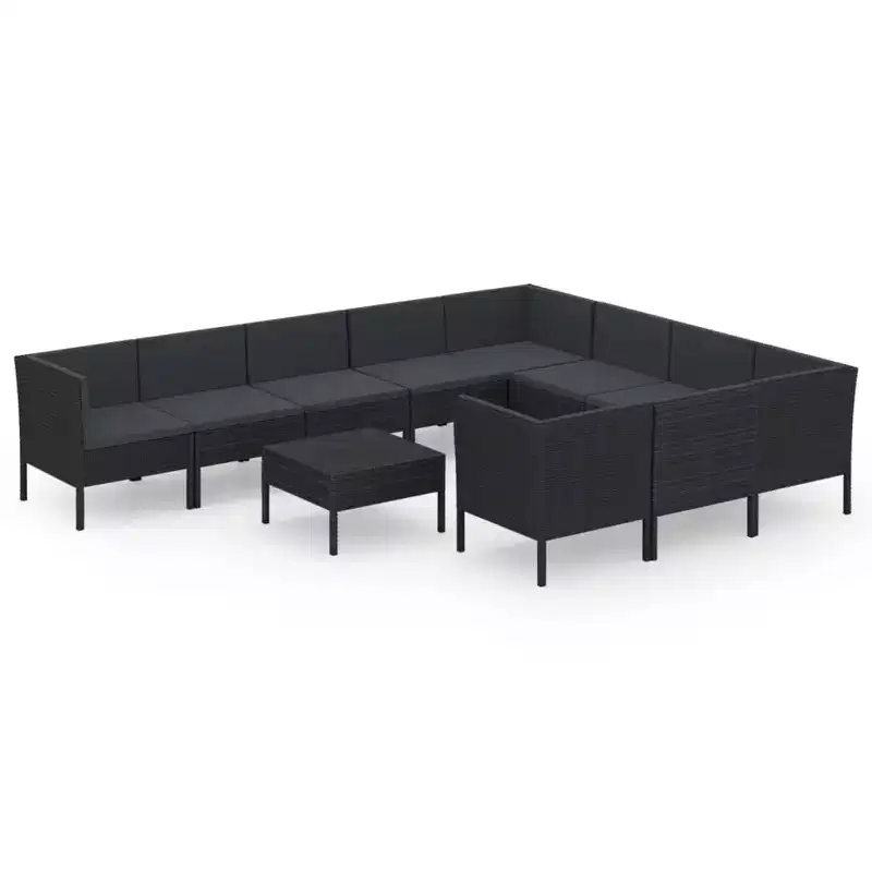 vidaXL Patio Lounge Set - 11 Piece Outdoor Furniture Set with Cushions, Poly Rattan & Powder-Coated Steel, Black