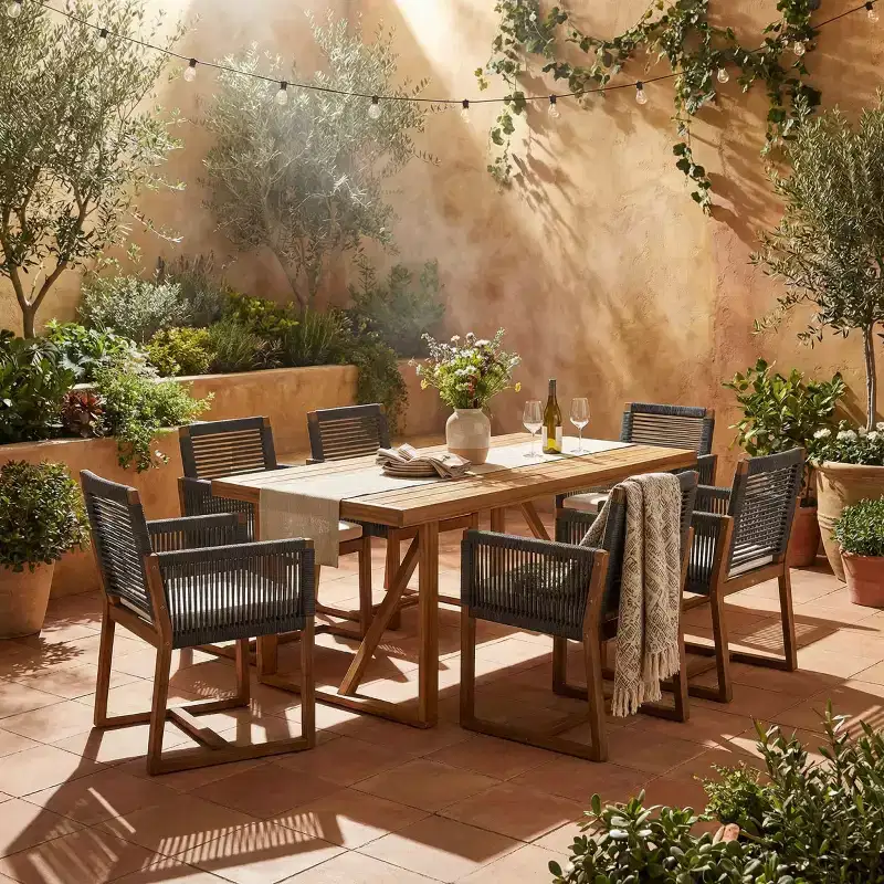 7-Piece Acacia Wood Outdoor Dining Set with Cushions, Patio Dining Set with 6 Rope-Woven Chairs and Large Table for Backyard, Deck-Panipeachy