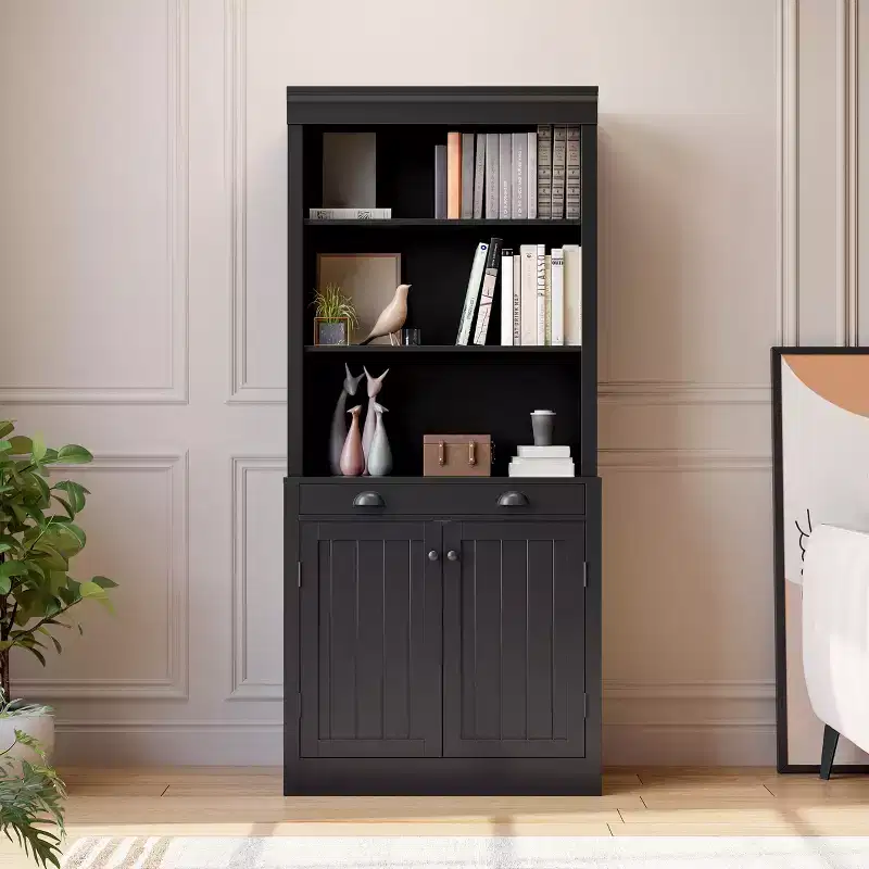 70 Tall Freestanding Bookshelf, 5 Tier Wooden Bookcase with Open Shelves & Cabinet, Modern Display Storage Cabinet, Pantry Sideboard