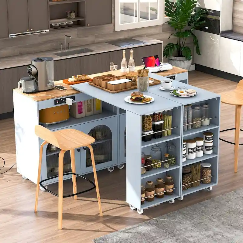 33 in. W Kitchen Island Rubberwood Top on 8 Wheels With Extended Table, LED Lights, Power Outlets