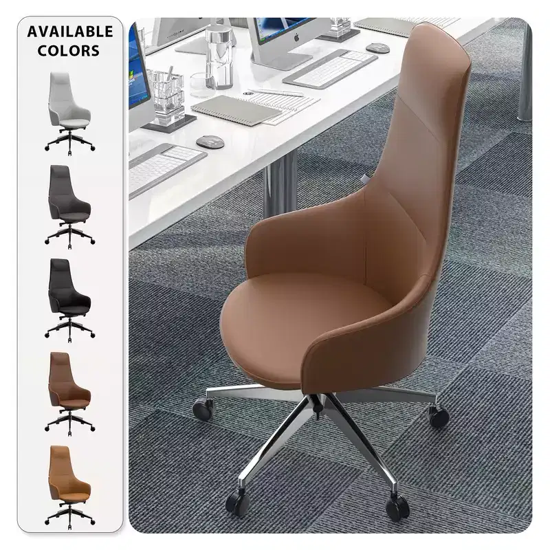 LeisureMod Celeste High-Back Leather Office Chair with Headrest - Modern Iron Frame Swivel & Tilt Executive Desk Chair