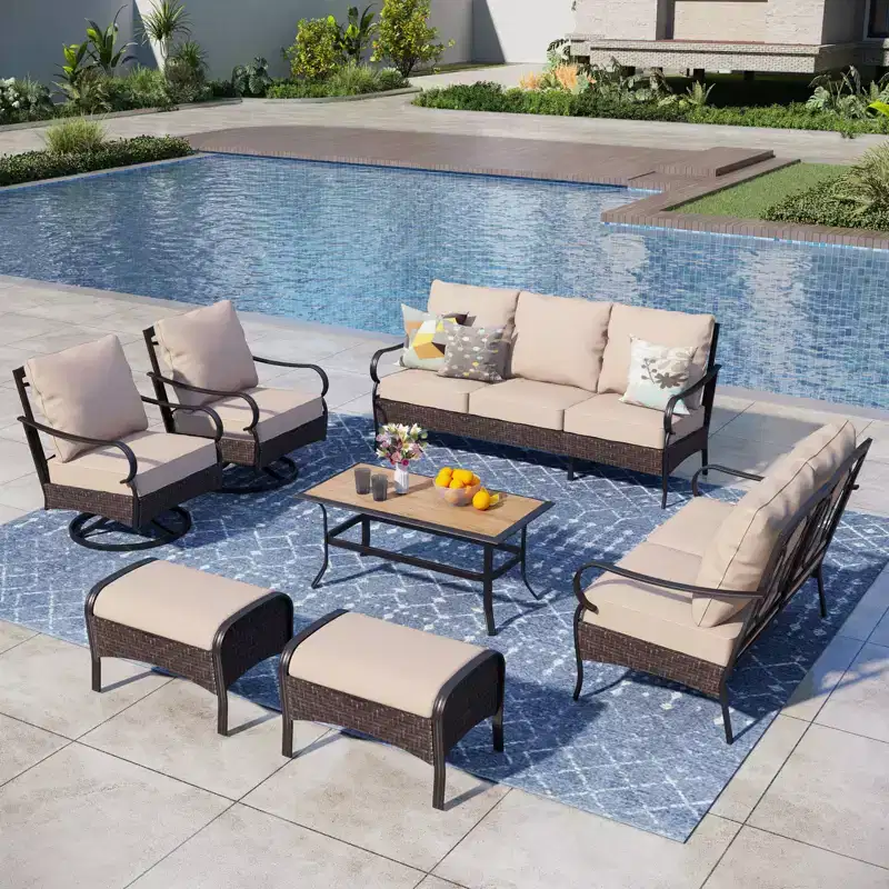 Captiva Designs 7pc Extra Large Metal and Rattan Outdoor Patio Conversation Set with Loveseat and Swivel Chairs