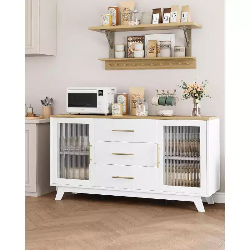 56 Buffet Cabinet with Storage, Sideboard Buffet Cabinet, Fluted Glass Doors & Gold Handles, Coffee Bar Table for Kitchen Dining Room Living Room