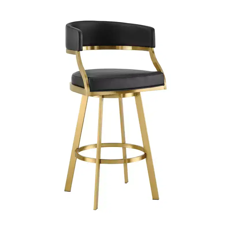 26 Black and Gold Faux Leather and Stainless Steel Low Back Counter Height Swivel Bar Chair