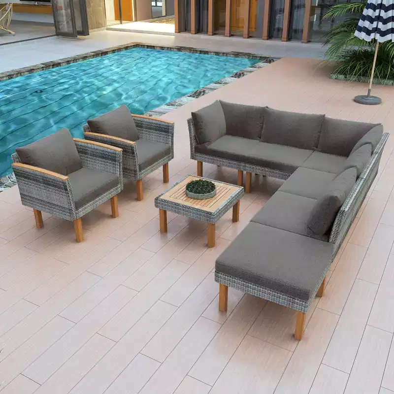 GDFStudio Preston Patio Modern PE Rattan 9-Piece Patio Sectional Conversation Set with Table and Cushioned