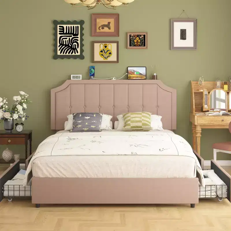 Queen/Full Upholstered Platform Bed Frame with Storage Drawers, Adjustable Headboard and Charging Ports - Beige