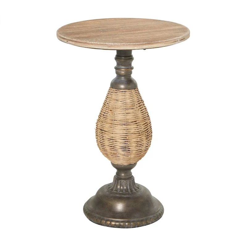 Wood Accent Table with Black Metal and Rattan Base - Brown or White