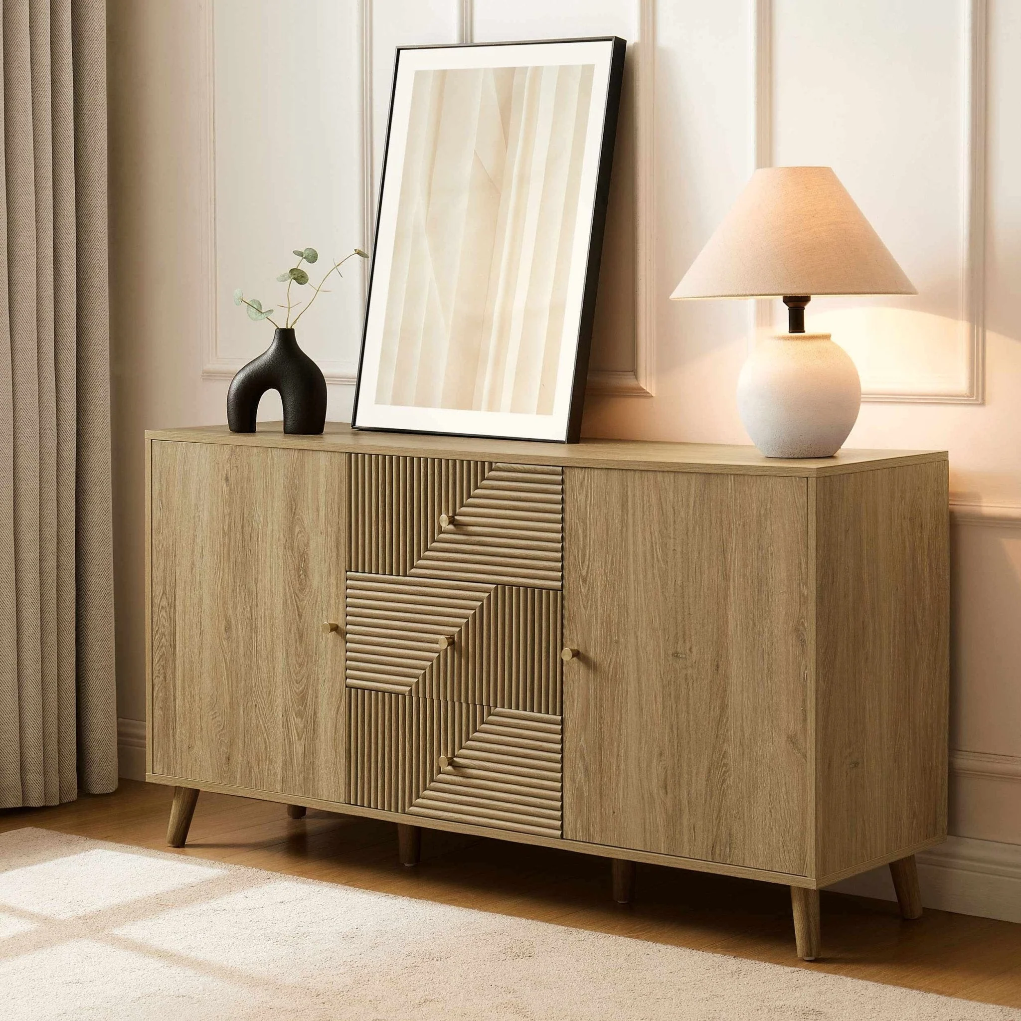 Scandi Light Wood Sideboard with Drawers for Living Room