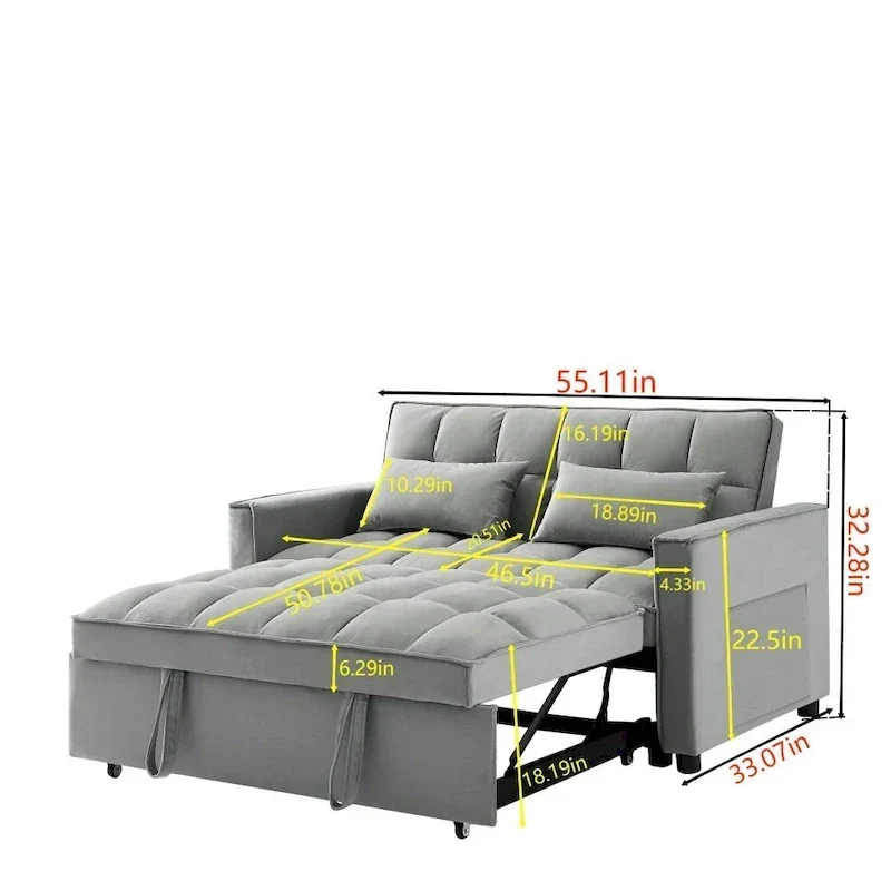 3 in 1 Convertible Velvet Sofa Couch w/Pullout Bed and Reclining Backres