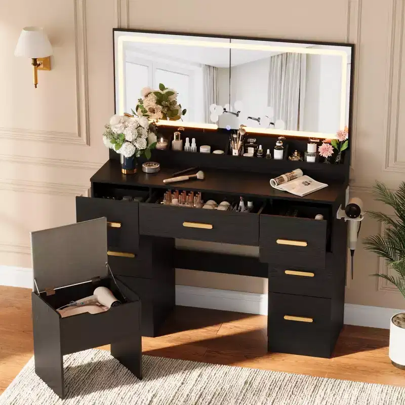 45.9 Vanity Desk with Lighted Mirror, Charging Station and 7 Drawers, Makeup Vanity Table with Storage Stool